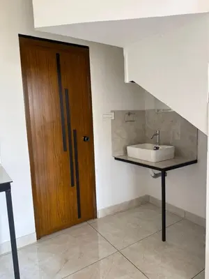 a bathroom with a sink and a wooden door at Kacchi Kombu Castle By Calpavruksha Estate in Madikeri