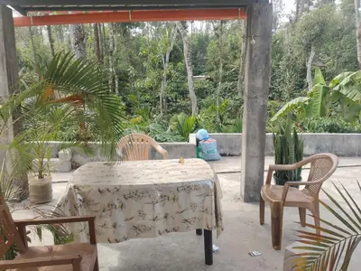 a table and chairs on a patio with trees at Dreams home estate stay coorg in Suntikoppa