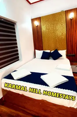 a bedroom with a king sized bed with blue pillows at Karmalhills Homestay in Tindummal