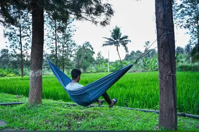a man sitting in a hammock in a field at Phalam Homestay in Kushālnagar