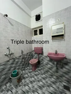 a bathroom with a pink sink and a toilet at Vrindhavan stay and rooms in Guruvāyūr