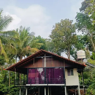 a small house with a balcony and palm trees at Golden Valley Abode in Siddapur