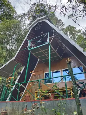 a house with a thatched roof and green railing at Hornbill Paradise, Munnar in Viripara