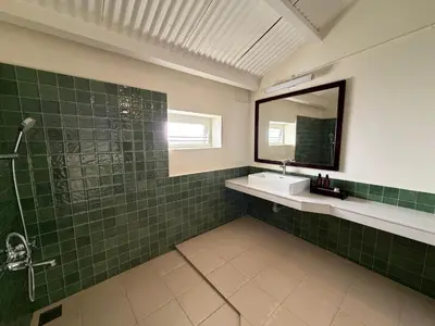 a bathroom with a shower and a sink and a mirror at Ellem House in Kotagiri