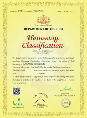 a permit for the department of tourism emergency classification at AANMEEZ Homestay in Kuthuparamba
