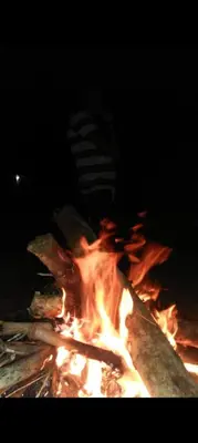 a person is standing over a fire at night at Tiger Woods Homestay Kabini in Antarasante