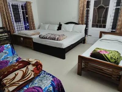 a bedroom with two beds and a cat sitting on a chair at Kurinji home stay munnar in Munnar
