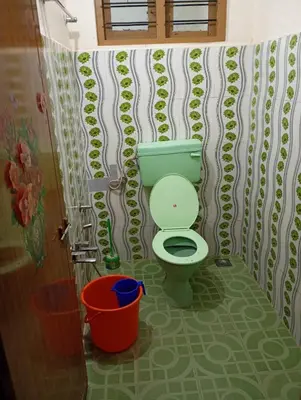 a bathroom with a green toilet and a shower curtain at Enjoy home stay in Vattavada