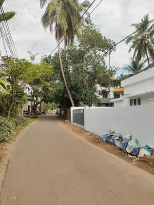 an empty street with palm trees and a white wall at Ivory Suites County in Kozhikode