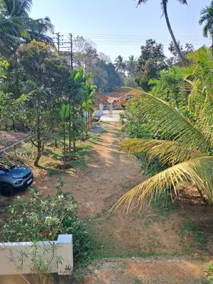 a dirt road with palm trees and a car at Vilasini Nivas in Irinjālakuda