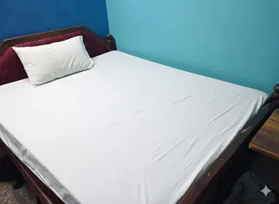a bed with a white pillow on top of it at Joyful Homestay in Mysore