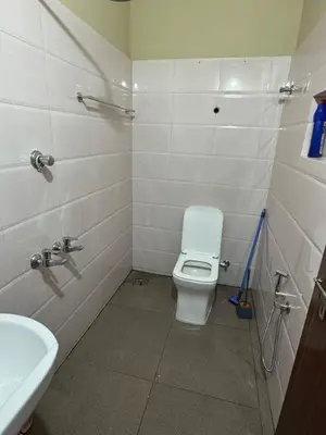 a bathroom with a white toilet and a sink at Puranattukara- Serene Stay by the Rice Fields in Trichūr