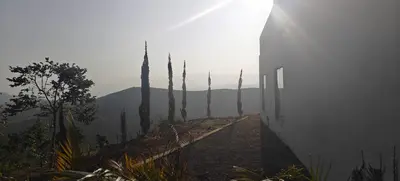a row of cypress trees next to a white building at Spirit of the Wild Mountain Retreat in Attappādi