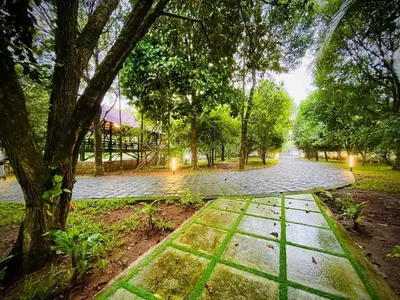 a walkway in a park with a tree at Lush Orchard in Kizhake Chālakudi