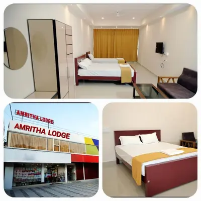a collage of three pictures of a hotel room at Amritha Lodge in Kollengode