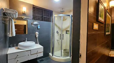 a bathroom with a shower and a sink at Razena Beach in Green Island