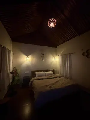 a bedroom with a bed in a room with a spotlight at carpa lupa 1 waterfront bamboo cottage wayanad in Meenangadi