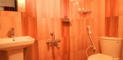 a bathroom with a shower with a toilet and a sink at Hamai town villa in Ambalavayal