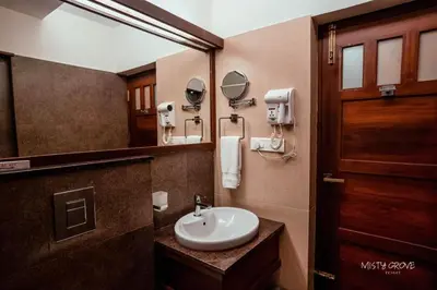 a bathroom with a sink and a mirror at Misty Grove Resort, Gudalur in Devāla
