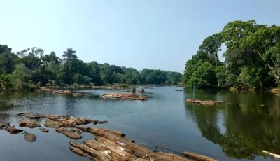 a river with rocks in the water and trees at Bean & Breeze in Suntikoppa