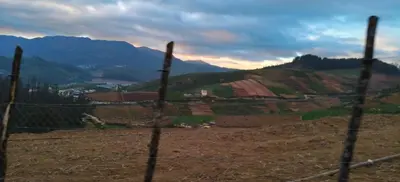 a barbed wire fence in front of a mountain at White House Cottage in Ooty