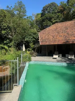 a swimming pool in front of a house at WyldWater Retreat in Vythiri