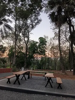 two benches and a picnic table in a park at The Cool Ranch at gaya3farms in Parli