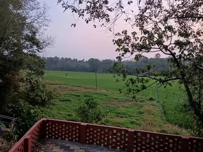 a view of a field from a wooden fence at The Cool Ranch at gaya3farms in Parli
