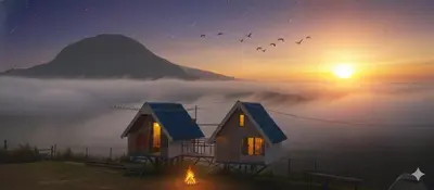 a house in the fog with a fire in front of it at Moonhills Cabins in Vattavada