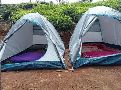 two tents are set up in the dirt at Janardan Campsite Ooty in Ooty