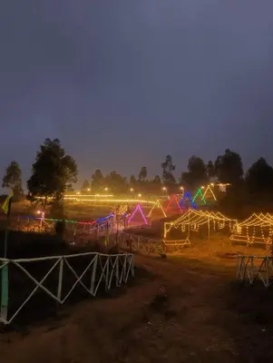 a group of kites in a field at night at Oak and Sky Adventures, Kanthalloor in Kanthalloor
