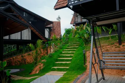 a stairway leading up to a house with grass at Wood Panda Luxury Resort Wayanad in Meppādi