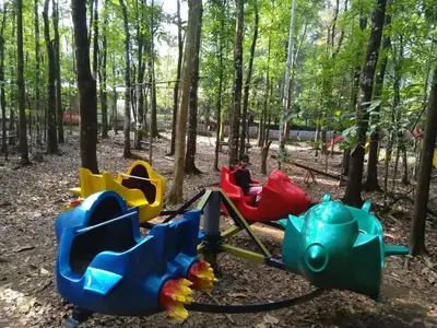 a person sitting on a playground in the woods at Haritha Bio Park Homestay in Malayāttūr