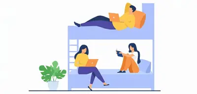 two banners with people on bookshelves and one woman sitting on a bed at cozstel in Kozhikode