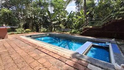 a swimming pool in a yard with a staircase at Heritage tharavadu in Mananthavady