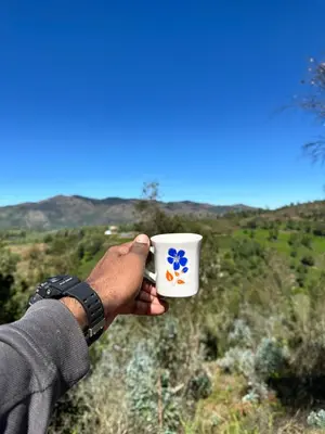 a person holding a coffee cup with a flower on it at The Misty Woods in Kotagiri