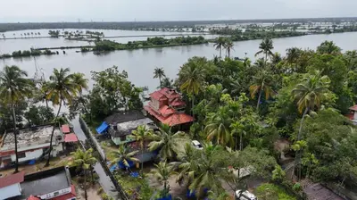 an aerial view of a river with houses and palm trees at Atharvam Resort in Cherai Beach