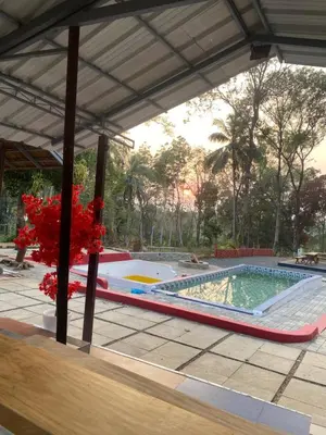 a large swimming pool with a red plant next to it at The Multi Gen Retreat at gaya3farms in Parli