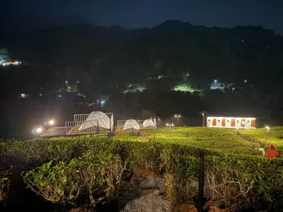 a group of tents on a field at night at Boche LuxCamp 1000 Acre in Wayanad