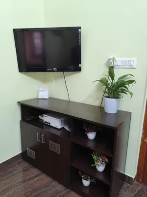 a entertainment center with a flat screen tv and plants at My Sooru - Spacious 2BHK Homely Retreat in Mysore