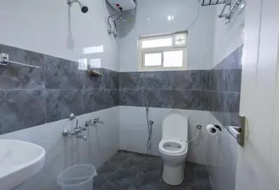 a bathroom with a toilet and a sink at Bougain Villa in Madikeri