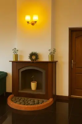 a living room with a fireplace with plants on it at Secret Escape Heritage Bungalow in Ooty