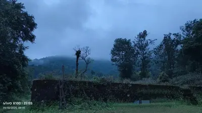 a view of a mountain with a fence and trees at Mathew's Haven, Wayanad - By Arattukulam Hospitality in Thirunelli