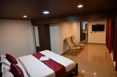 a hotel room with a bed and a tv at Radisson in Madikeri