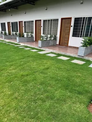 a green yard in front of a building at Bhoomi in Mysore