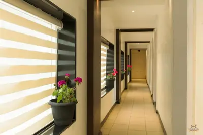 a corridor of an office building with potted plants at Darshan Hotel in Ooty