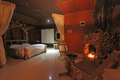 a bedroom with a bed and a stone fireplace at Pugmarks Jungle Resort in Chekadi