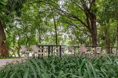 a table and chairs in a park with trees at KSTDC Hotel Mayura Riverview Srirangapatna in Seringapatam