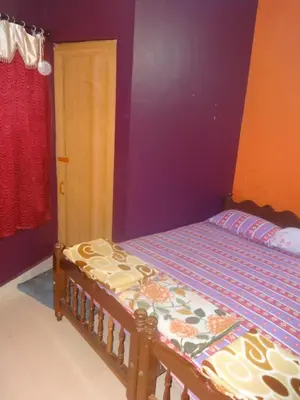 a bed in a room with a purple wall at Four Seasons Home Stay (1BDH) in Madikeri