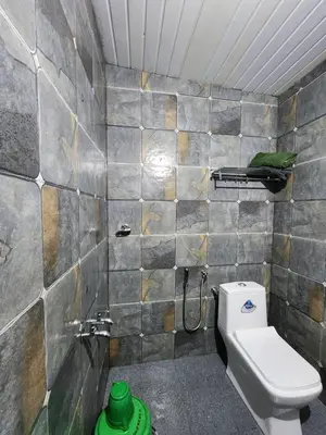a bathroom with a toilet and a tile wall at Wildways Mudumalai Homestay in Masinagudi